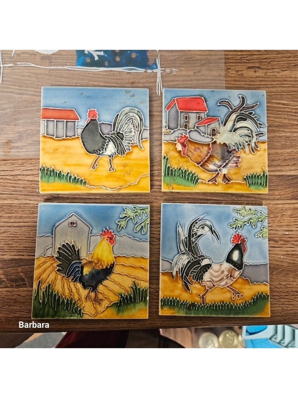 Farmhouse 4-Piece Handpainted Enamel Chicken/Rooster Wall or Table Tiles
